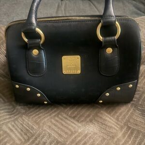 MCM Black Leather Bowling Bag with Gold Accents